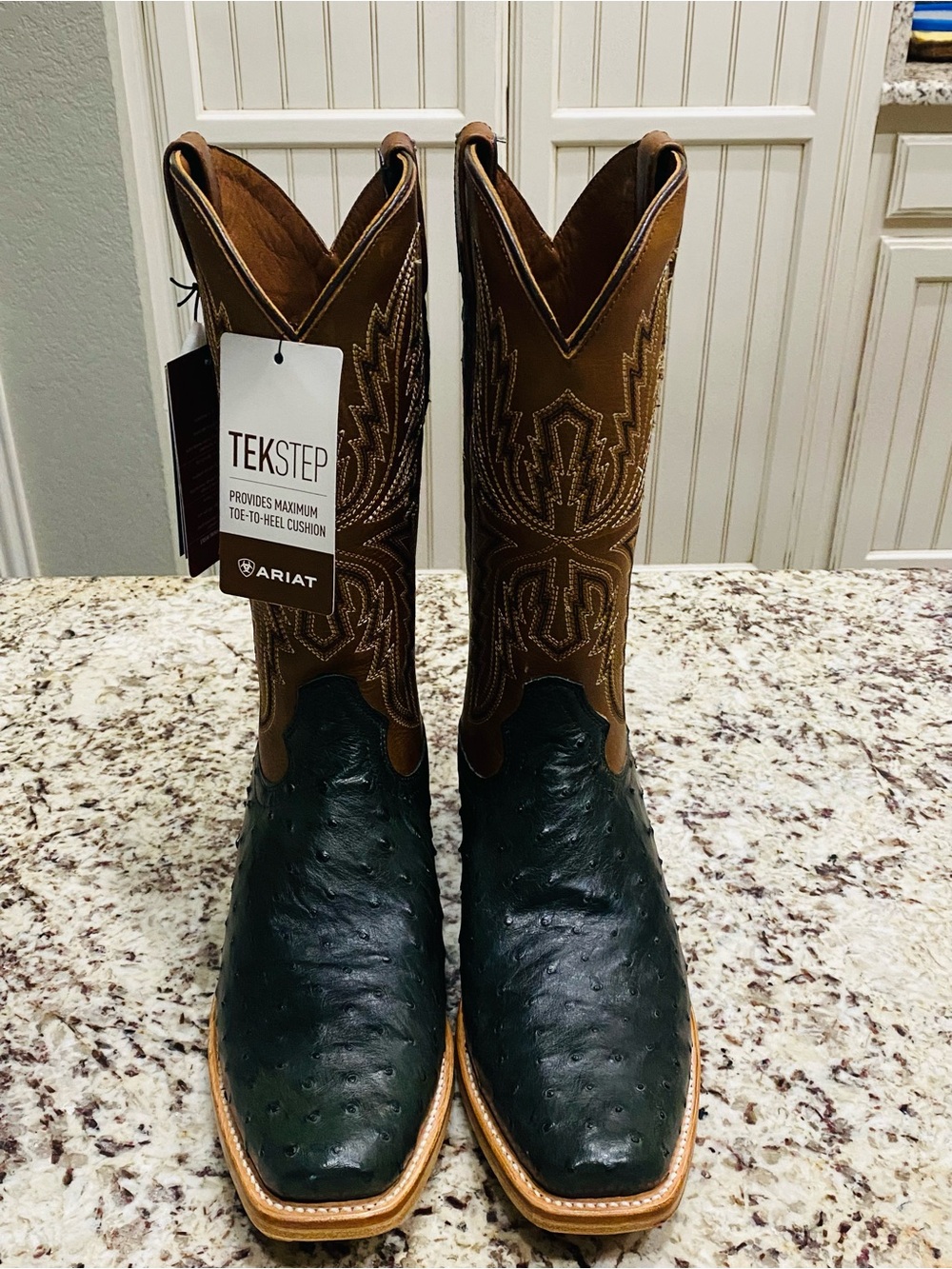 Ariat Brown Shaft with Dark Olive Ostrich-Textured Toe Western Boots
